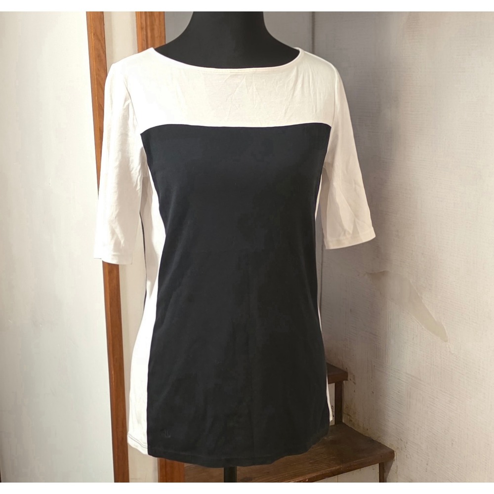 Lauren Ralph Lauren M Black White Colorblock Boat Neck Top Elbow Sleeve Coastal